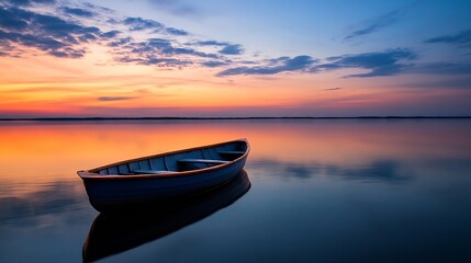 Poster - Beautiful Boat Floating on Still Water Under Colorful Sunset Sky Reflection : Generative AI