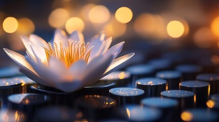 Aufkleber - elegant white lotus flower illuminated by soft glowing lights in a tranquil setting : Generative AI