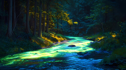 Wall Mural - A glowing forest stream illuminated with neon green light in a magical ambiance. Enchanted Starlit River. Illustration