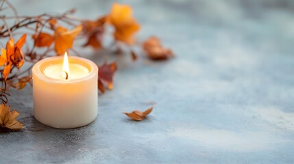 Poster - Cozy Candle with Autumn Leaves on a Soft Background Creating a Warm Atmosphere : Generative AI