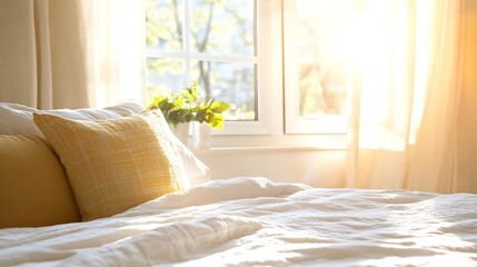 Poster - Bright and Cozy Bedroom with Sunlight Streaming Through Windows and Soft Textiles : Generative AI