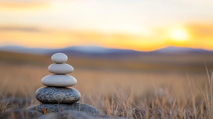Poster - Serene Stacked Stones in a Natural Landscape at Sunset with Warm Sky : Generative AI