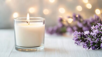 Poster - Tranquil Lavender Candle with Soft Flame Surrounded by Floral Accents : Generative AI