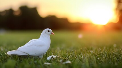 Poster - Beautiful White Dove in Sunset Setting on a Green Lawn : Generative AI