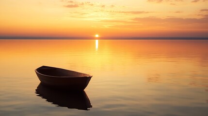 Poster - Serene Sunset Over Calm Waters with a Lonely Boat Silhouetted Against the Horizon : Generative AI