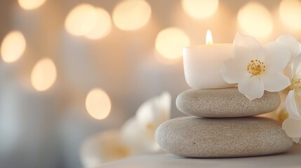 Aufkleber - Relaxing candle on stacked stones with white flower in soft focus background : Generative AI