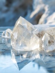 Aufkleber - Close Up of Natural Clear Quartz Crystals Reflecting on a Smooth Surface in Bright Light : Generative AI