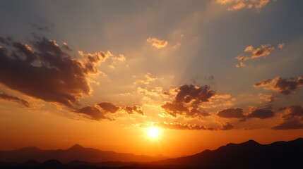 Poster - Stunning golden sunset with dramatic clouds and mountain silhouettes creating breathtaking natural scenery : Generative AI