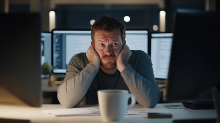 A frustrated developer overwhelmed by coding errors in a modern office. Featuring multiple error-filled screens