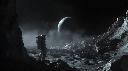 Poster - A breathtaking scene of an astronaut on the moon with Earth suspended in the blackness of space.