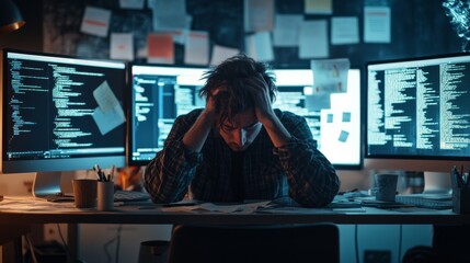 a frustrated developer overwhelmed by coding issues in a modern tech office. featuring error-filled 