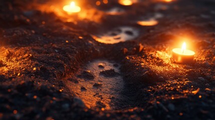 Sticker - A close-up of footprints in the soil, softly glowing under the warm light of candles, evoking calm and introspection.