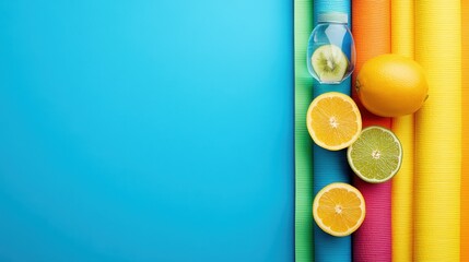 A vibrant arrangement of citrus fruits and water on colorful backgrounds.