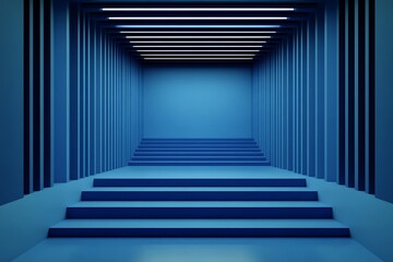 Canvas Print - Blue Stairway to lit tunnel. Minimalist. Abstract design, interior rendering. For concepts, vision, architecture