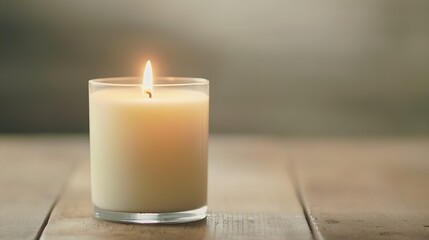 Poster - Serene candle flickering in a glass holder on a rustic wooden table creating a calming atmosphere in a home setting : Generative AI