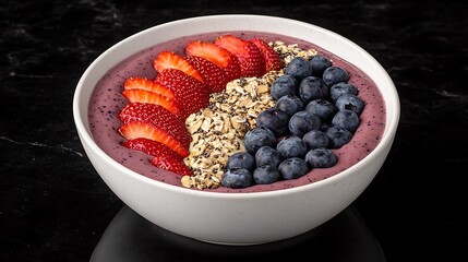 Canvas Print - Berry bowl with fruit and oats served on black marble backdrop. Food blog or recipe site use