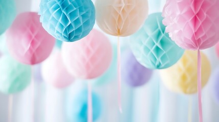 Poster - Colorful honeycomb decorations in pastel shades hanging for festive celebrations : Generative AI
