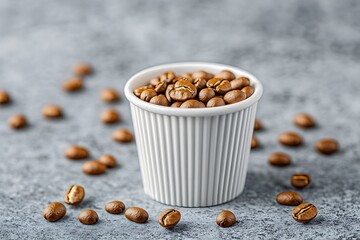 Canvas Print - Beans in cup on stone. Scattered beans on gray background. For beverage industry, ad