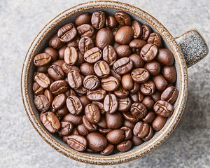 Canvas Print - Beans in cup, overhead. Gray stone background. Showing potential beverage/drink