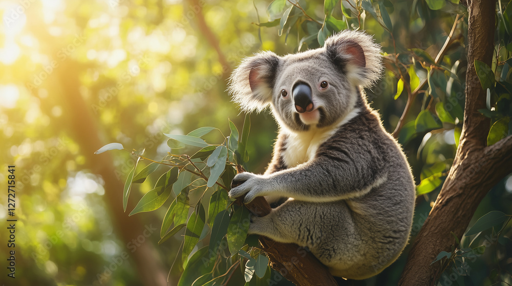 koala sitting on eucalyptus tree branch with fresh green leaves around ...