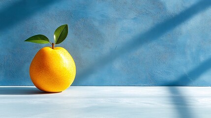 Wall Mural - Vibrant yellow fruit rests serenely against a cool blue backdrop bathed in sunlight. AI Generated