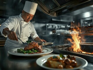 Chef skillfully plating a gourmet dish in a bustling restaurant kitchen with flames in the background