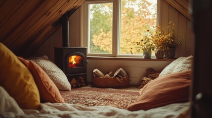 Sticker - A dreamy attic sanctuary with a woodburning stove, soft pillows, and a window framing the outside world