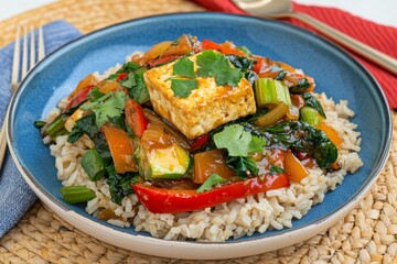 A plant-based meal with tofu stir-fry, brown rice, and fresh vegetables