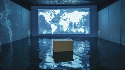 Sticker - A glowing map of the world is projected onto water, framing a lone cardboard box floating peacefully