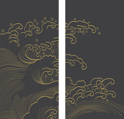 Wall Mural - japanese background with hand drawn line wave pattern vector. abstract template with geometric curve