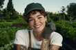 © Sergio - Smiling woman wearing gardening gloves in a lush green garden, embodying joy and connection with nature during daylight