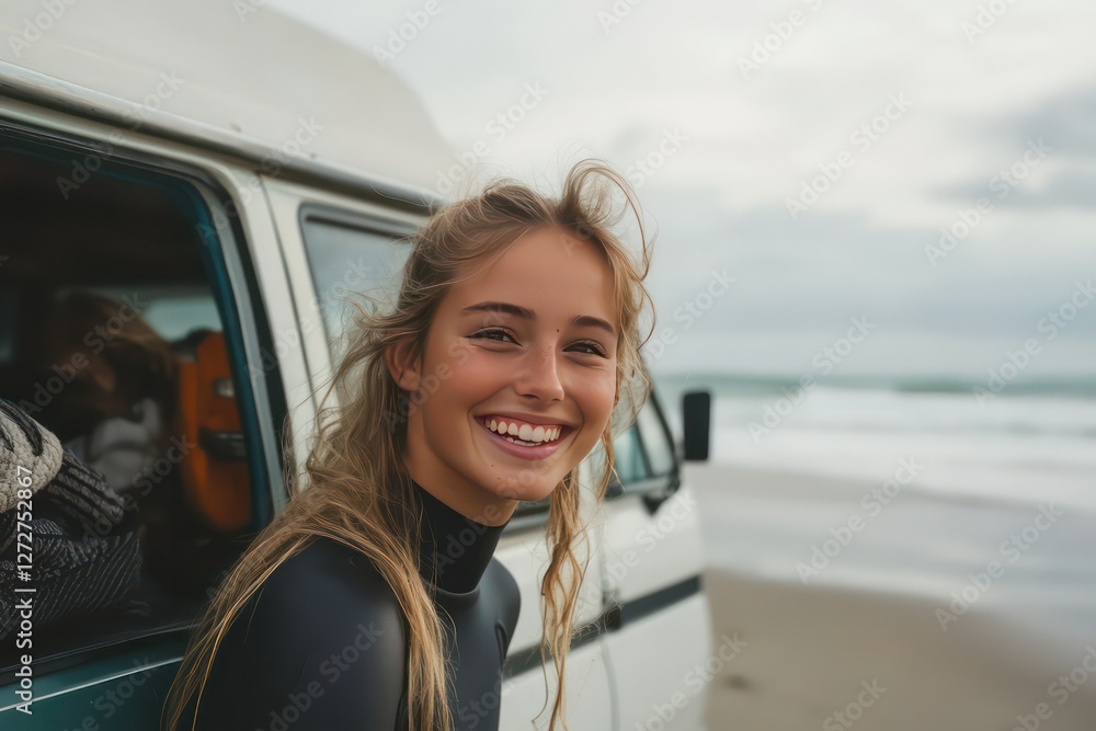 A young woman smiling as she puts on her wetsuit next to her camper van ...