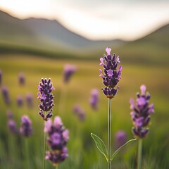 Wall Mural - Lavender flowers blooming in a serene landscape with mountains in the background