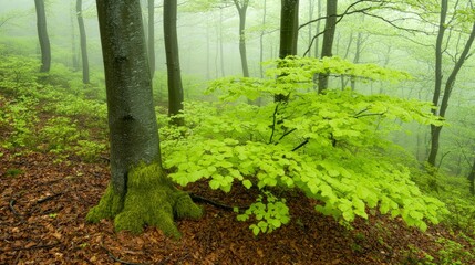 Wall Mural - Lush green foliage in a misty forest with trees and forest floor covered in leaves