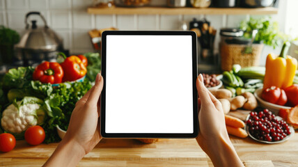 Wall Mural - A woman searches the Internet for a recipe for cooking a vegan dish. Tablet mockup, top view. close-up of a young woman holding a tablet with a white screen in front of a kitchen table with vegetables