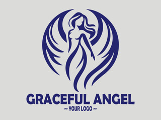 elegant angel line art vector illustration, graceful dark blue illustration of an angel with flowing