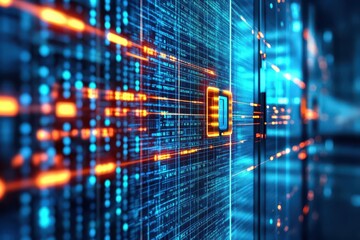 Leinwandbilder - Abstract Digital Network Background with Blue Tones and Orange Glowing Accents