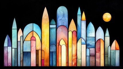 Poster - Vibrant Geometric Architectural Skyline with Colorful Spires and Towers in Minimalist Digital