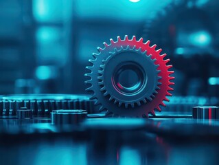Aufkleber - Close Up of Interlocking Gears with Metallic Reflections in Blue and Red Lighting
