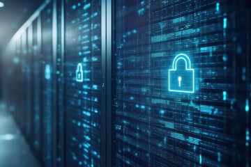 Aufkleber - Cloud data encryption, futuristic server room with glowing locks on data streams