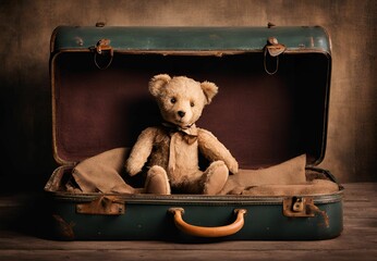 Vintage teddy bear in a vintage suitcase