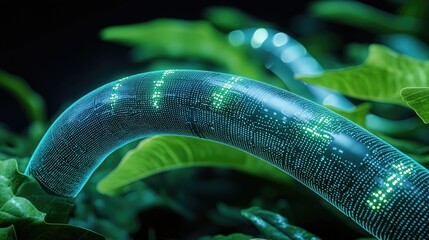 luminous data stream among lush green foliage
