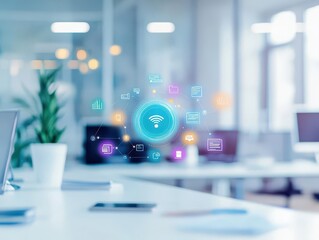 Leinwandbilder - Elegant Modern Office Setting with Central Wifi Symbol and Computer Devices