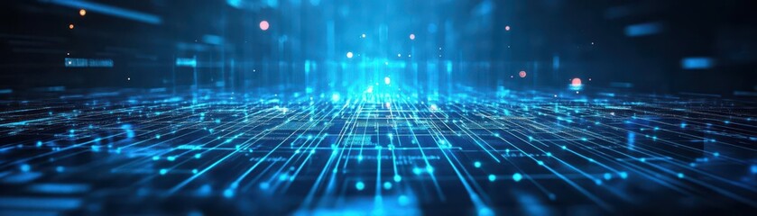 Fototapete - Futuristic Digital Network Data Flowing with Blue Lights and Abstract Electronic Background
