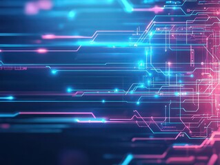 Poster - Futuristic Motherboard Circuit Design with Glowing Pink and Blue Lines on Dark Background