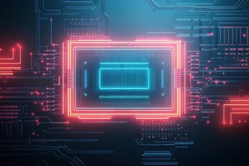Poster - Glowing Circuit Board with Intricate Electronic Pathways in Red and Blue Hues