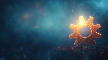 Poster - Glowing Golden Gear on Dark Blue Abstract Background For Technology Concept