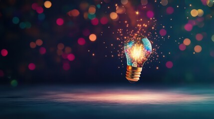 Poster - Glowing Pixelated Light Bulb on Dark Background Symbolizing Innovation and Creativity