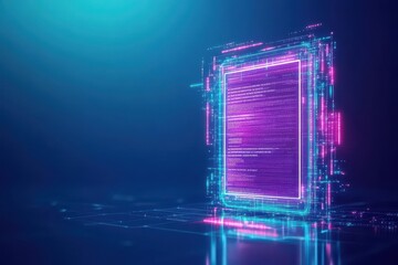 Poster - Glowing Rectangular Portal with Abstract Code and Neon Lights in Dark Background
