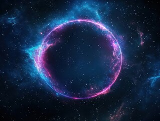 Poster - Vibrant Circle Nebula with Blue and Pink Light in Dark Cosmos and Starry Background